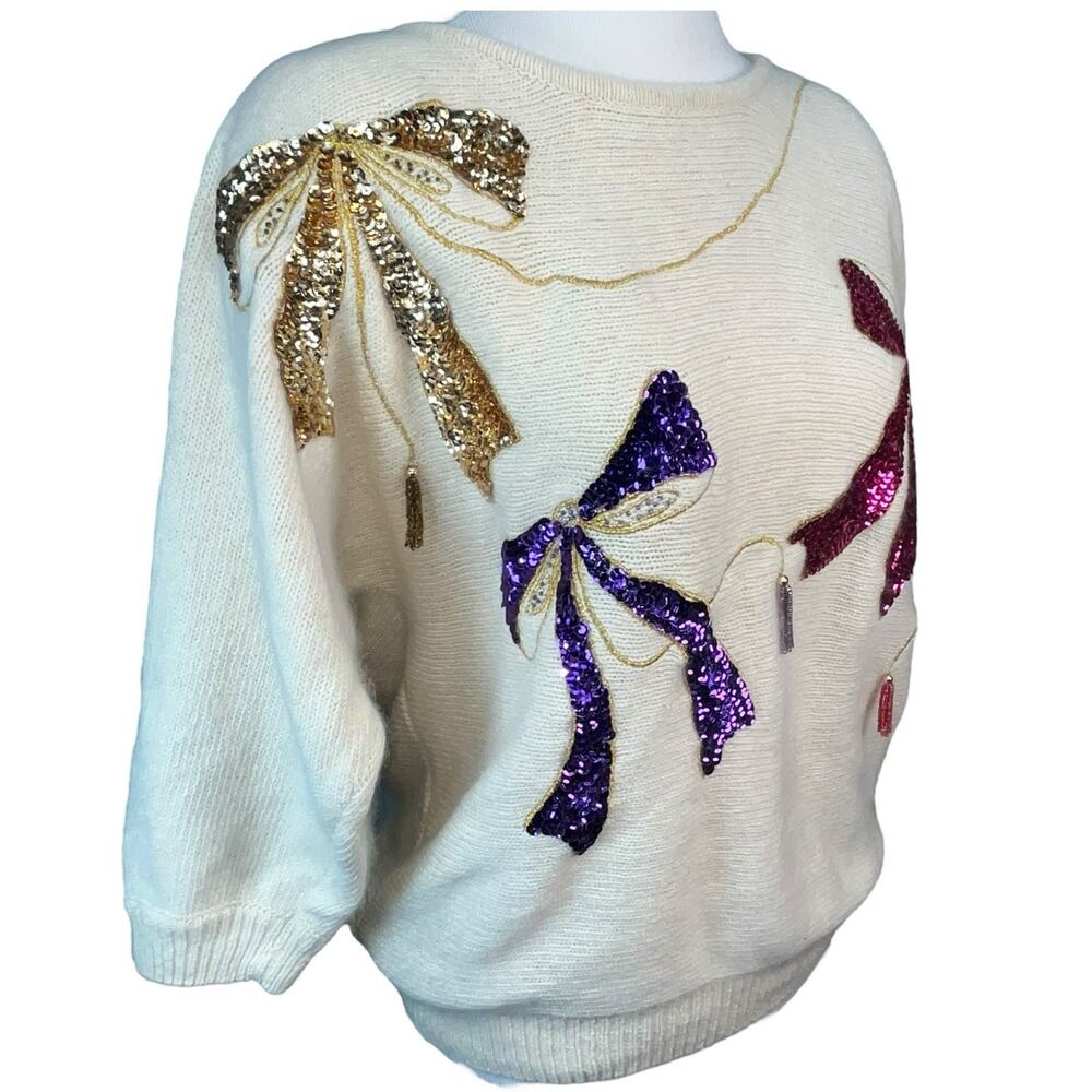 Work In Progress Women’s Vintage‎ Ivory Sequins Beaded Silk Angora Bow Sweater M - Picture 3 of 5